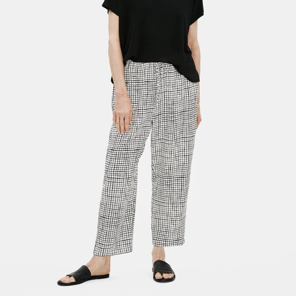 Eileen Fisher Crepe 2 Pc Grid Slouchy Pant Tank Top M Loungewear Quiet Luxury